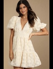 Lulus So Sweet To Me Cream Floral Puff Sleeve Mini Dress Women’s Size Medium