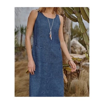 Pure Jill Linen Midi Tank SunDress Petite L Sleeveless Blue Chambray Lagenlook