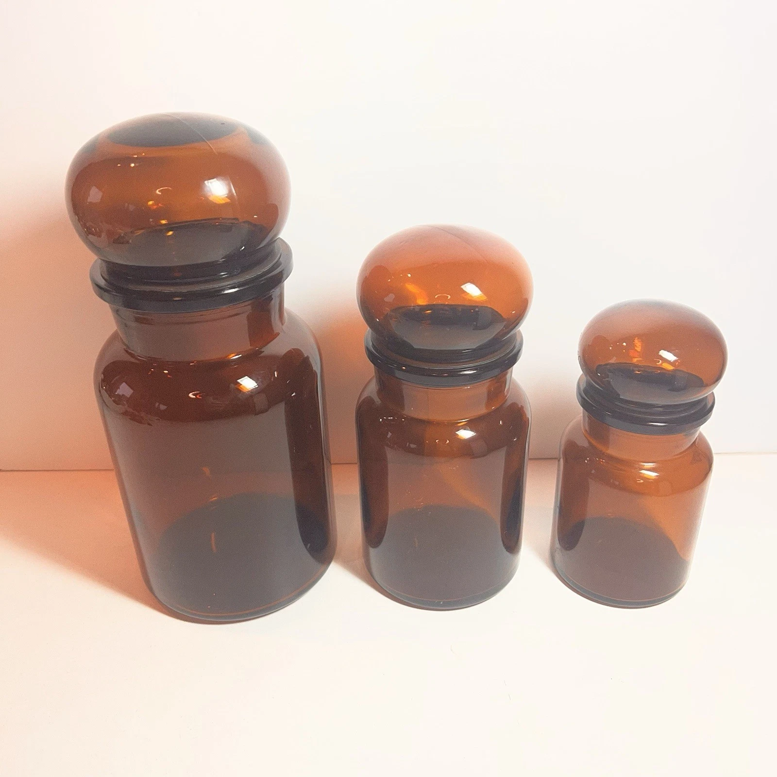 Vintage Amber Glass Apothecary Jars Set 3 Bubble Lid Belgium Pharmacy Canister