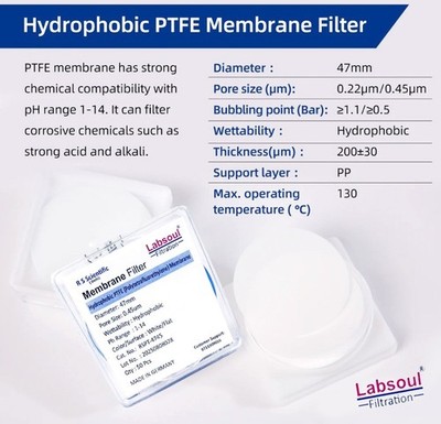 LABSOUL PTFE Membrane Filter Hydrophobic  47mm Diameter 0.45µmPore Size 50PcsBOX