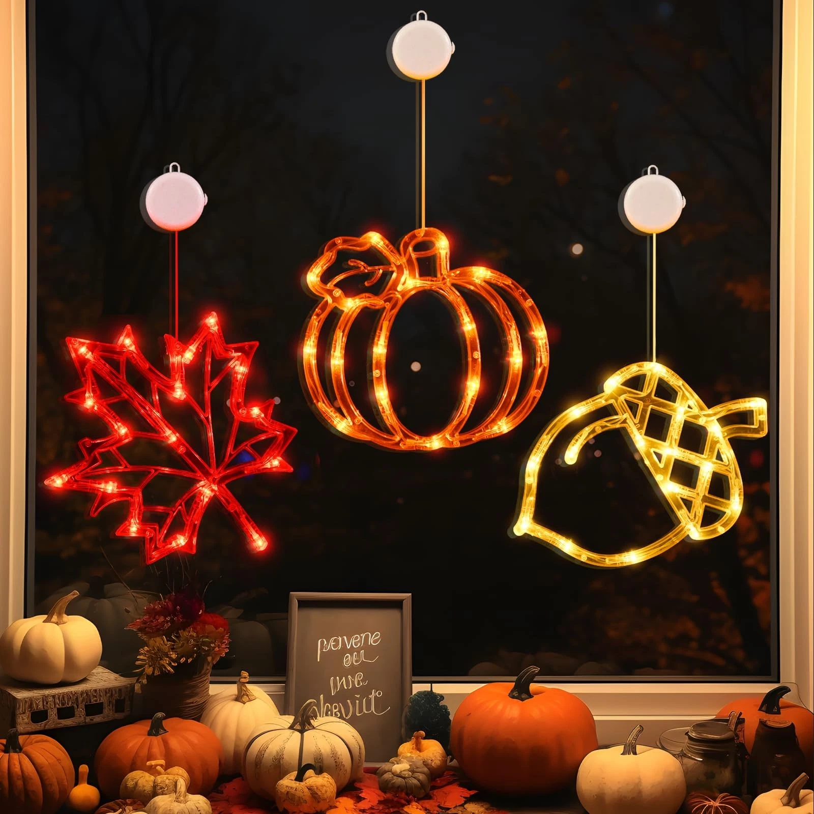 Fall Decor Window Lights 2026 Thanksgiving Decorations Acorn Maple Leaves Pum...