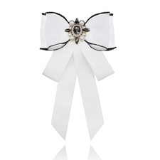 Rhinestone Womens Bow Ties, Ribbon Bow Tie for Women with Pearl Pre-tied White