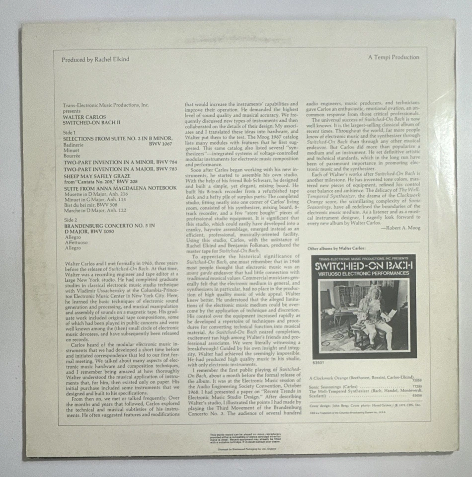 Walter Carlos ~ Switched-On Bach II Lp Vinyl Record CBS S 65974 EX / EX - Image 3 of 4