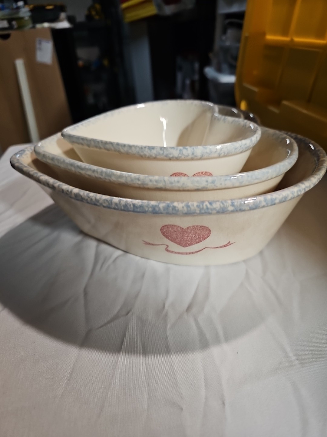 Vintage Ceramic Nesting Heart Bowls Set of 3 White with Blue Hearts