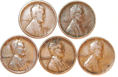 (5) Lincoln Wheat Cents - Very Good - 1920D 1926D 1928D 1929S 1930P- #7390D