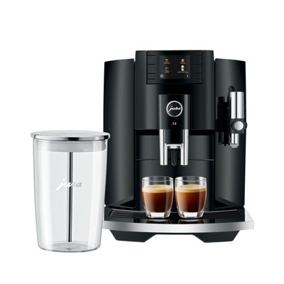 Jura E8 5th Gen Auto Coffee Machine Piano Black with Glass Milk Container Bundle