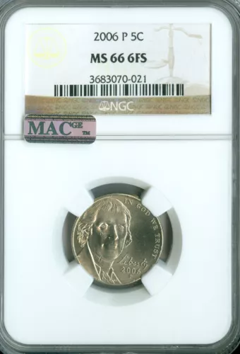 2006 P JEFFERSON NICKEL NGC MS66 6FS PQ MAC SPOTLESS .