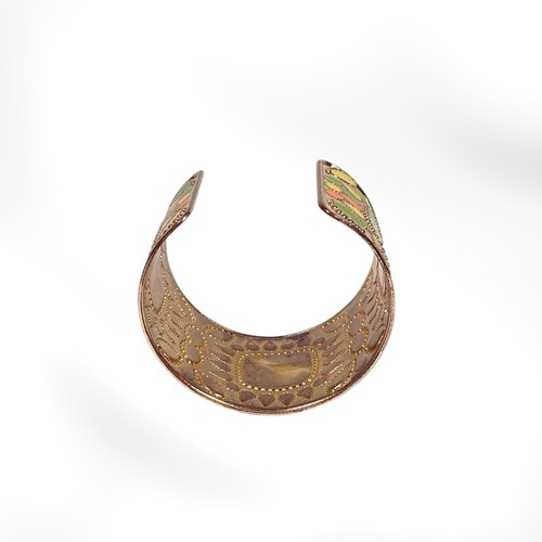 Vintage Enameled Gold Tone Cuff Bracelet Textured Colorful Geometric Jewelry - Picture 6 of 12