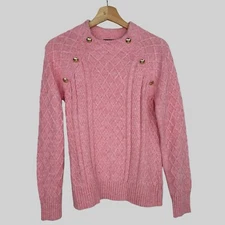 Talbots Cable Knit Fisherman Sweater S Pink  Gold Buttons Women’s Classic Casual