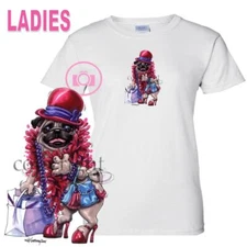 Pug Lady Red Hat Funny Dog Caricature Art Ladies XLarge White T Shirt - SALE