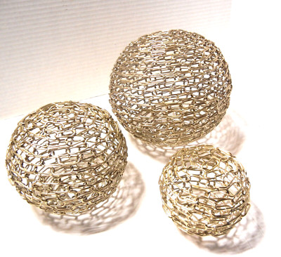 Gold Chain-Link Spheres Globes Balls Set of 3