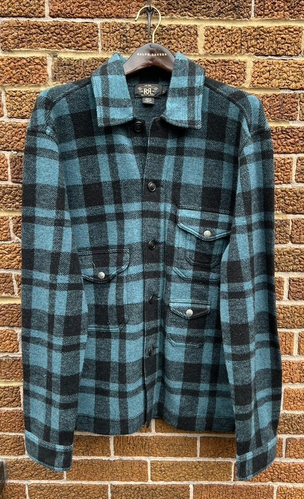 Ralph Lauren RRL Indigo Blue Plaid Work Overshirt Jacket Men Size Large L