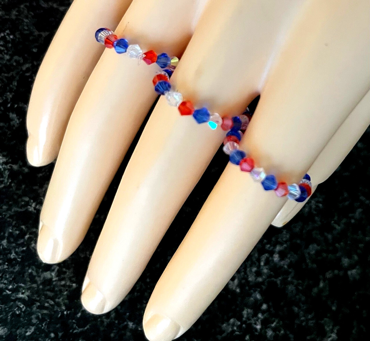 4th of July Patriotic Sparkly Glass Bead Stretch Rings Set of 3 Red White & Blue