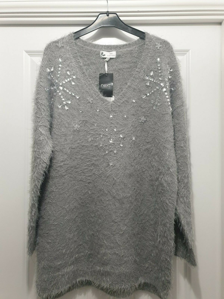NEXT GREY FLUFFY SOFT KNIT EMBELLISHED GEM BEAD SNOWFLAKE STAR V