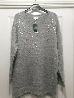 NEXT GREY FLUFFY SOFT KNIT EMBELLISHED GEM BEAD SNOWFLAKE STAR V