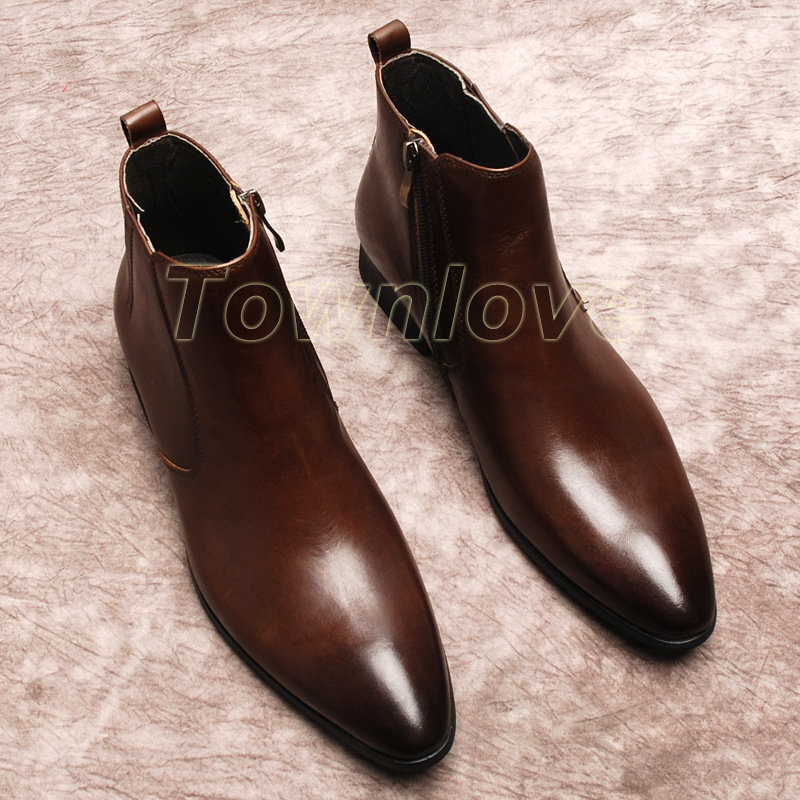 Men Real Leather Pointed Toe Ankle Boot Zipper Dress Shoes Chelsea