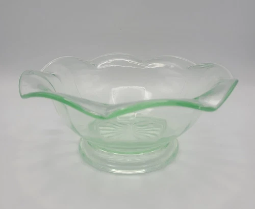 Green Depression Uranium Glass • Footed Bowl • Ruffled Rim & Optic Glass Vtg 8in