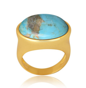 Authentic Large Oval Gemstone Ring With Kingman Turquoise Gold Plated Ring Jewelry