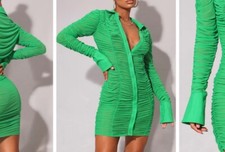PARTY DRESS BRIGHT GREEN MESH RUCHED OVERSIZED CUFF SHIRT DRESS 