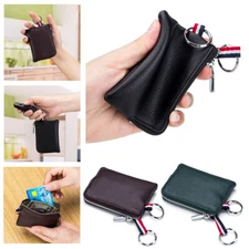 Men Leather Coin Purse Change Pouch Wallet Zipper Card Holder Bag with Key Chain