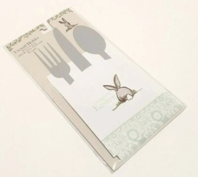 Floral Happy Easter Bunny Paper Utensil Holder Pouch White Green 8ct
