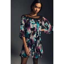 ANTHROPOLOGIE Black Blue Purple Pleated Flutter Sleeve Boho Shift Dress Large