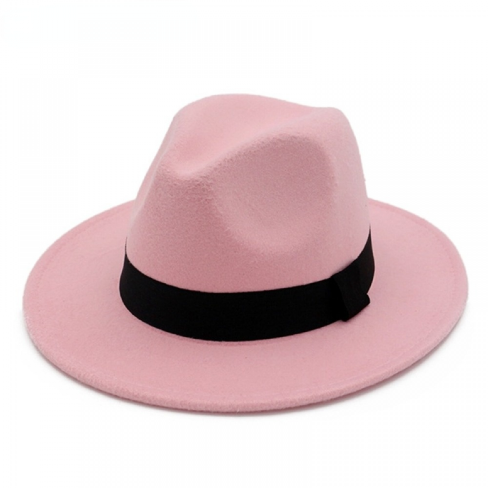 Fedora Hats For Women Pink Ladies Woolen Jazz Wide Brim Trilby