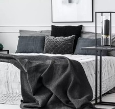 Large Cotton Waffle Weave Blanket Grey White Waffle Knit Throw Soft Bedspread