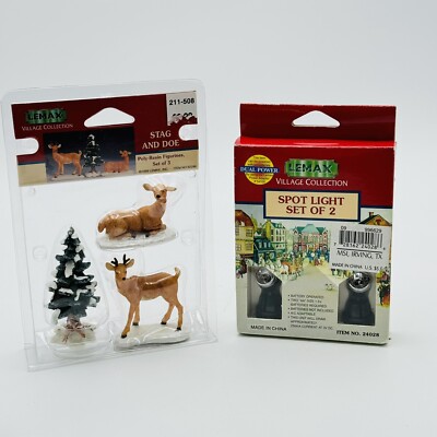 Lemax Town Village Christmas Accessory Lot Deer Stag & Doe Spotlights Set Of 2