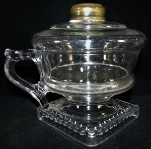 Antique-Glass-Oil-Kerosene-Footed-Hand-Lamp-Square-Base-with-Beaded-Band