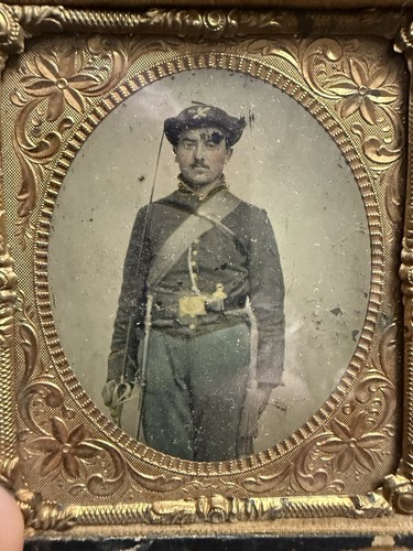 Civil War Union 6th Plate Tintype Armed Artillery Sword Watch Buckle Great Color