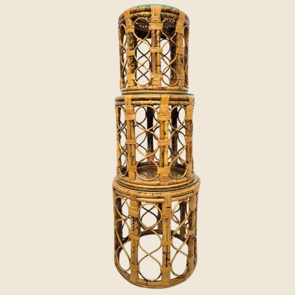 Juego de 3 mesas de bambú vintage de mediados de siglo con soporte para plantas de caña de ratán extremo Foto 4 de 4