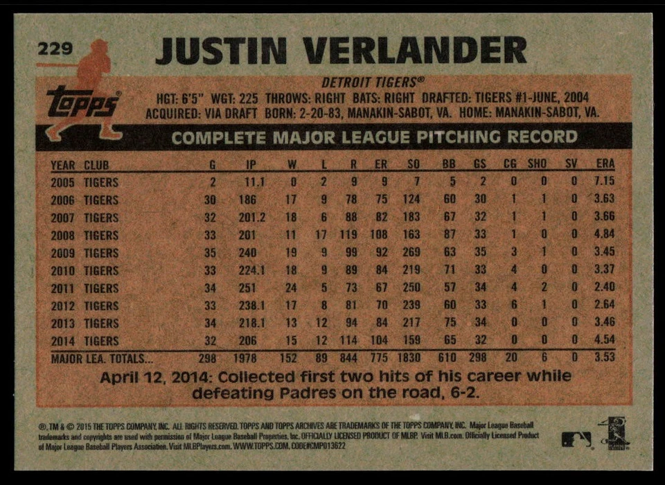 2015 Topps Archives #229 Justin Verlander Detroit Tigers - Image 2 of 2