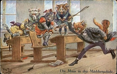 Arthur THIELE Anthropomorphic Scared Cats Maestro Chases Mouse Vintage Postcard