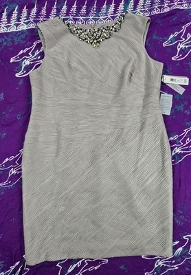 Eliza J Asymmetrical Sheath Dress Jeweled Beaded Neckline Shimmer Taupe 20 W NWT