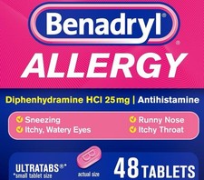 Benadryl Allergy Antihistamine Diphenhydramine HCL 25mg Tabs, Kid Safe, 48 Count