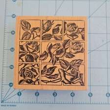 Magenta Roses Grid Wood Rubber Stamp Flowers Buds Thorns