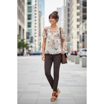 Sara Michelle Floral Blouse Womens Medium Cream Brown Excellent Bubble Hem Puff