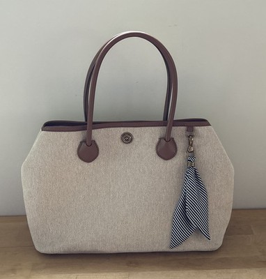 Lauren Ralph Lauren Millbrook Market Cream Tote Bag - Brown Leather Accents EUC
