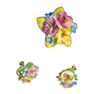 Artone Bone China Floral Brooch Earring Set Made in England Vintage Porcelain