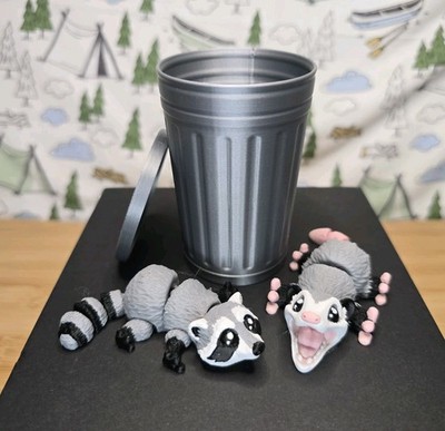 Mini Raccoon&Possum Silver Trash Can 3D Print Articulated Flexi Fidget Desk Toy