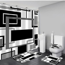 4 Pcs Black Geometric Shower Curtain Sets with Rugs Black Bathroom Sets with Sho