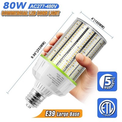 277-480V LED Corn Cob Bulb 80W Commercial Parking Lot Shoebox Replacement Light