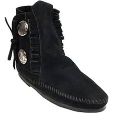 Minnetonka Two Button Hardsole Bootie Black Suede Fringe Concho Moccasin 449