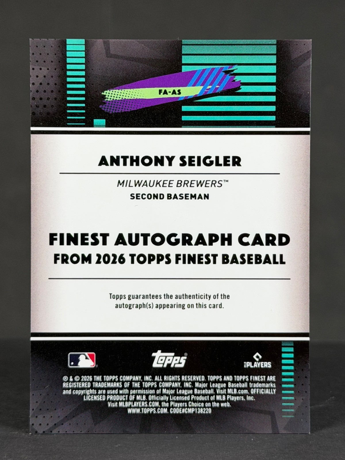 Anthony Seigler 2026 Topps Finest RC Blue Refractor /150 Rookie AUTO Brewers view 2