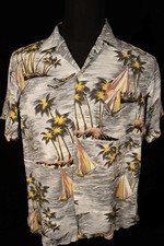 Vintage Brent 1960's Gray Rayon Print Hawaiian Shirt Size Medium Exc Condition