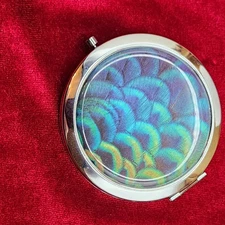 Vintage Compact Mirror-Peacock Feather Motif, Chrome Case, Double Mirror