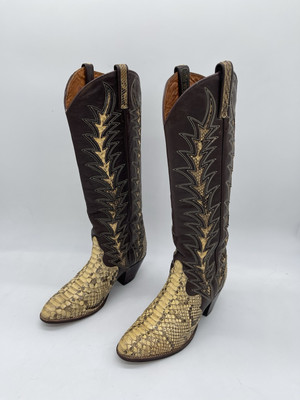 Vintage Dan Post 4140 Python Snakeskin & Leather Womens Cowboy Boots Brown 5.5C