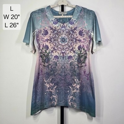 Closet Full Top Tunic Blouse L Large Blue Purple Mandala Paisley Boho Festival