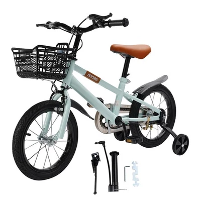 AMOTOPART 🚲14" Kids Toddlers Bicycle for Boys and Girls with Training Wheels Basket Cyan